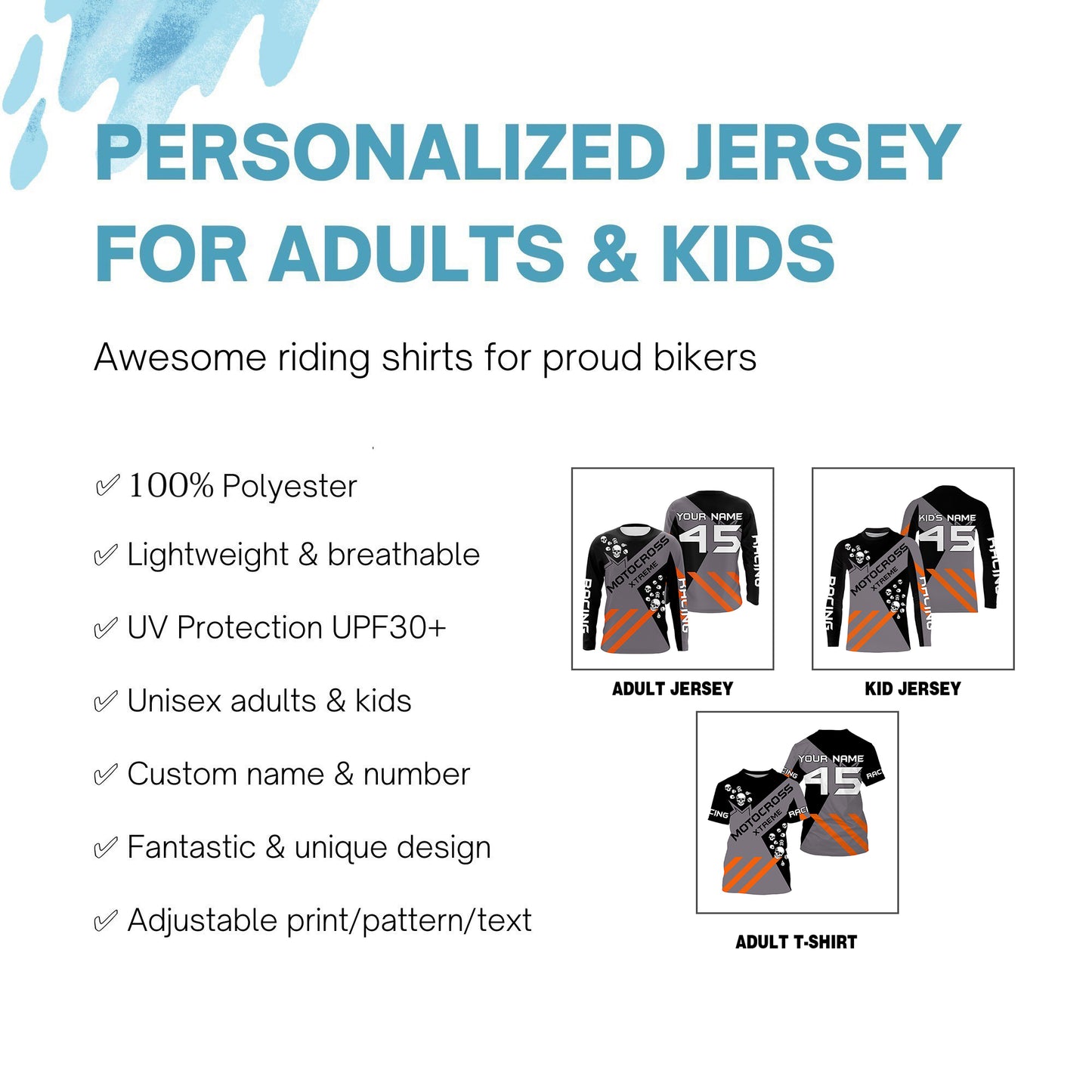 Black Motocross jersey custom name number kids men women UPF30+ dirt bike skull MX shirt offroad PDT148