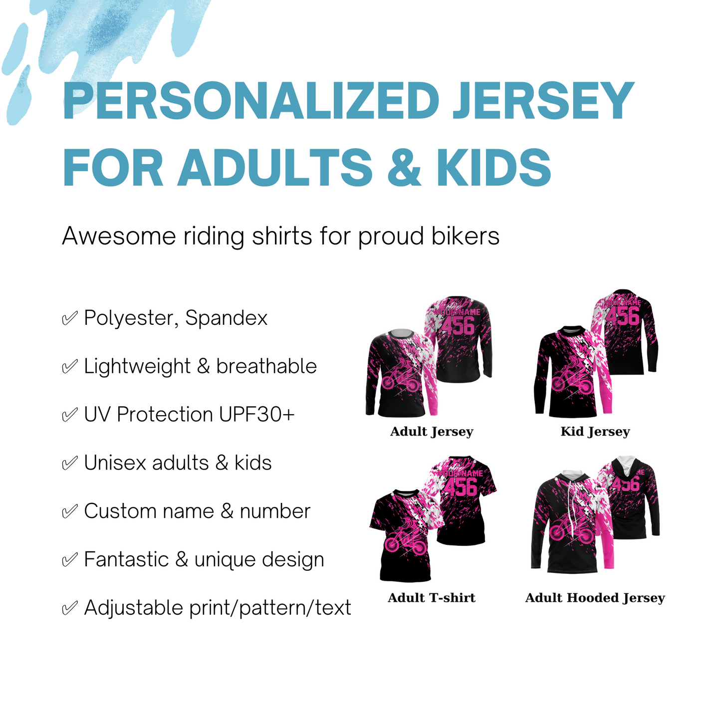 Personalized dirt bike jersey adult&kid UPF30+ Motocross biker girl MX racing off-roading - Pink| NMS910