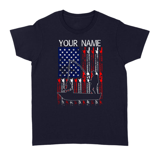 American flag fisherman kayak fishing custom name US fishing rod D05 NQS1244 - Standard Women's T-shirt