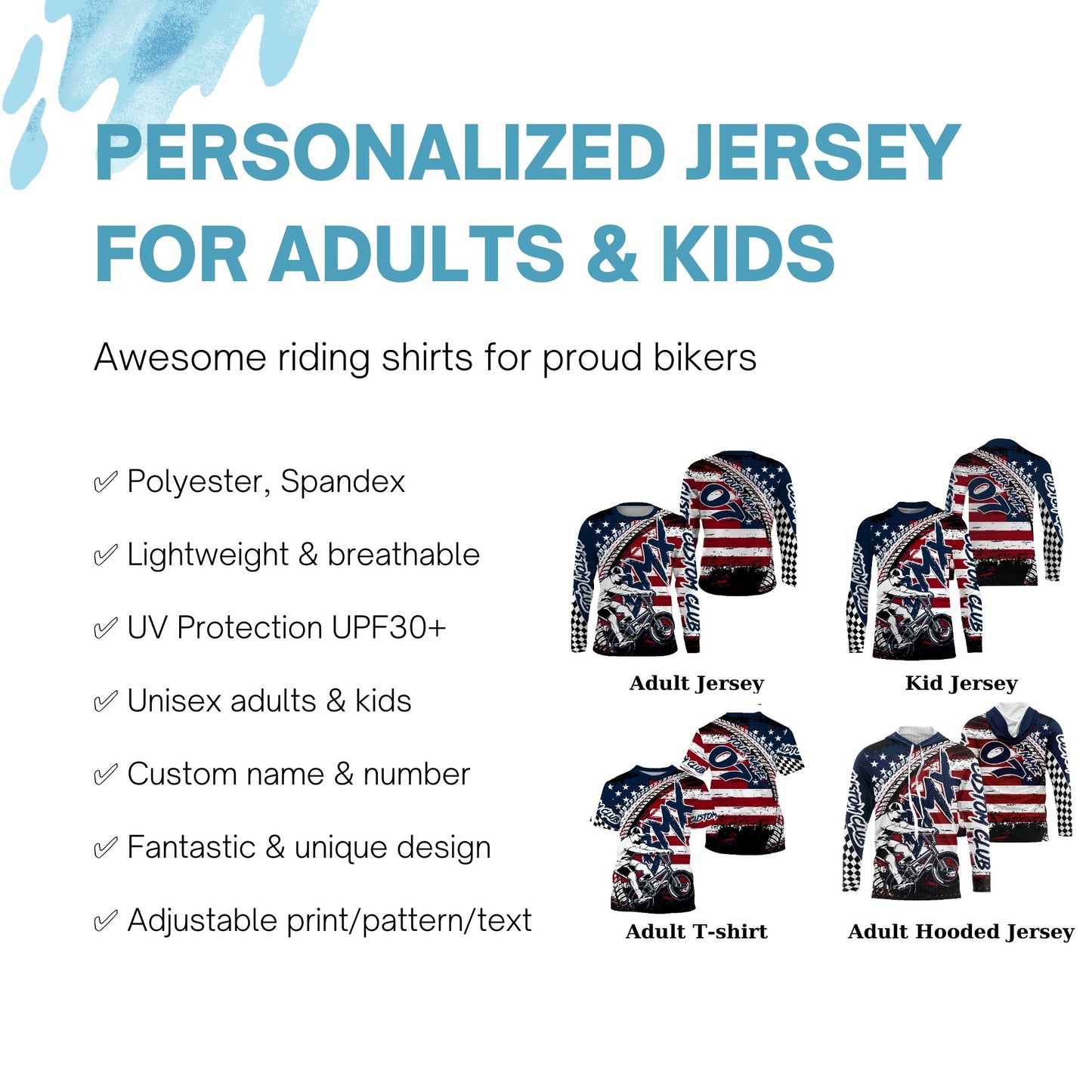 Personalized American adult kid BMX jersey UPF30+ Patriotic cycling shirt stunt riding racewear| SLC13
