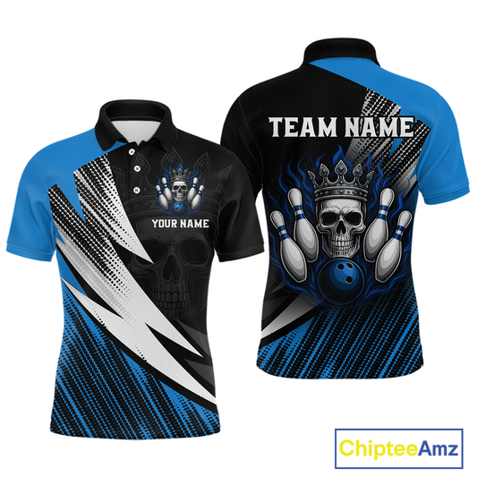 Blue Skull Crown Bowling Custom Men Bowling Shirt Polo & Quarter-Zip Bowling Team Jerseys HNT65