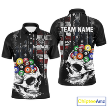 Load image into Gallery viewer, Personalized Skull US Flag Billiard Team Jersey Billiard Shirts for Men Polo &amp; 1/4 Zip NNT42