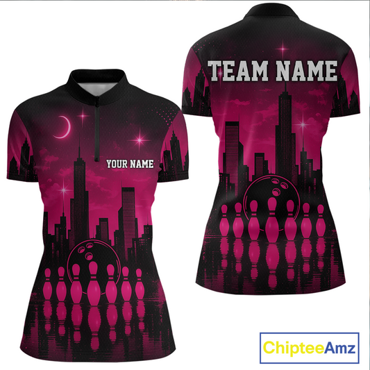 Pink Bowling Custom Women Bowling Shirt Polo & Quarter-Zip Bowling Team Jerseys HNT66