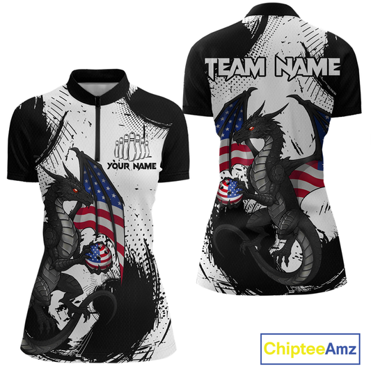 Black & White Quarter-Zip Bowling Team Jersey Custom American Dragon Bowling Shirt Unisex QZT687