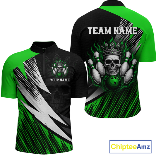Green Skull Crown Bowling Custom Men Bowling Shirt Polo & Quarter-Zip Bowling Team Jerseys HNT65