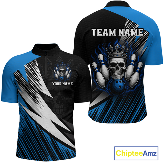 Blue Skull Crown Bowling Custom Men Bowling Shirt Polo & Quarter-Zip Bowling Team Jerseys HNT65
