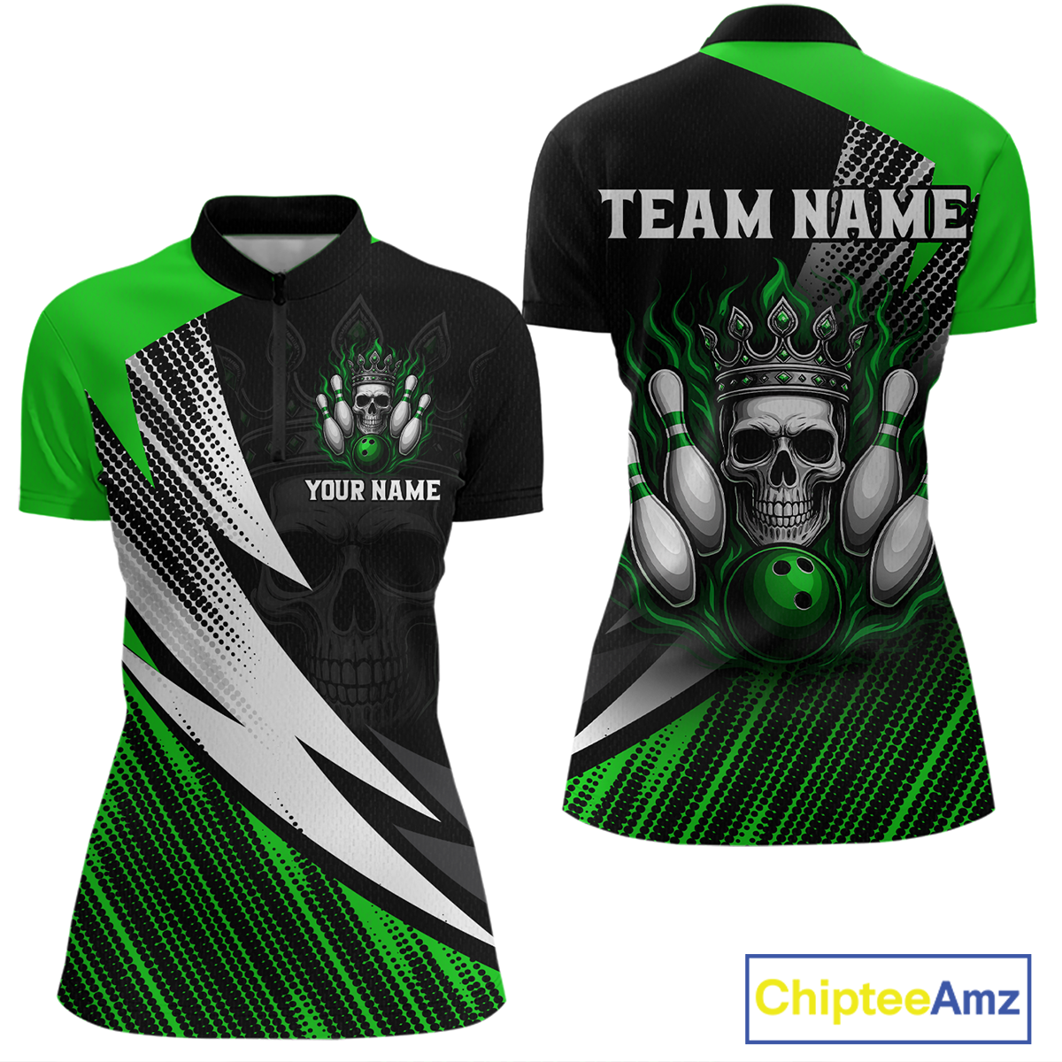 Green Skull Crown Bowling Custom Women Bowling Shirt Polo & Quarter-Zip Bowling Team Jerseys HNT65