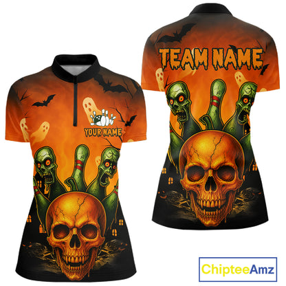 Front and back views of a short-sleeve women's quarter-zip jersey with a Halloween-themed graphic print. The design features a large skull, green bowling pins, ghosts, bats, and the text 'TEAM NAME' and 'YOUR NAME'.
