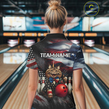 Load image into Gallery viewer, American Flag Funny Cat Bowling Shirt for Women Custom Bowling League Jersey Polo &amp; 1/4 Zip Shirt QZT807