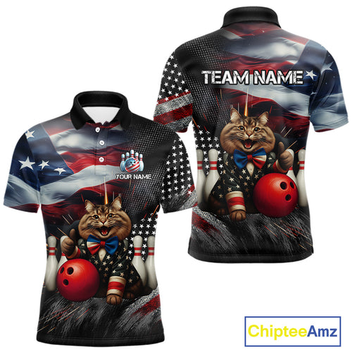American Flag Funny Cat Bowling Shirt for Men Custom Bowling League Jersey Polo & 1/4 Zip Shirt QZT807