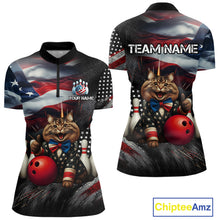 Load image into Gallery viewer, American Flag Funny Cat Bowling Shirt for Women Custom Bowling League Jersey Polo &amp; 1/4 Zip Shirt QZT807