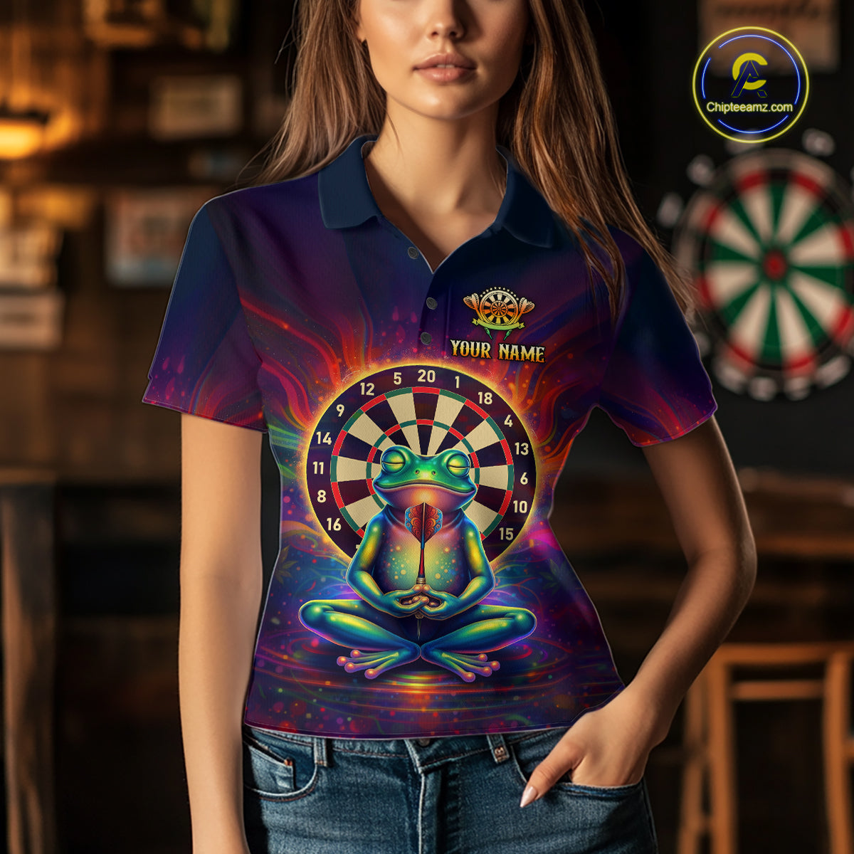 Custom Zen Frog Dart Shirts for Women Meditation Style Dart Jersey Polo & 1/4Zip Dartboard Shirt DHT20