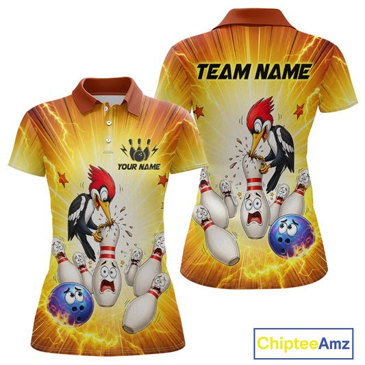 Bowling-themed polo shirt with cartoon woodpecker and bowling pins, customizable text, and Chiptee Amz branding.