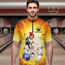 Load image into Gallery viewer, Man wearing a bowling-themed shirt with cartoon characters in a bowling alley.