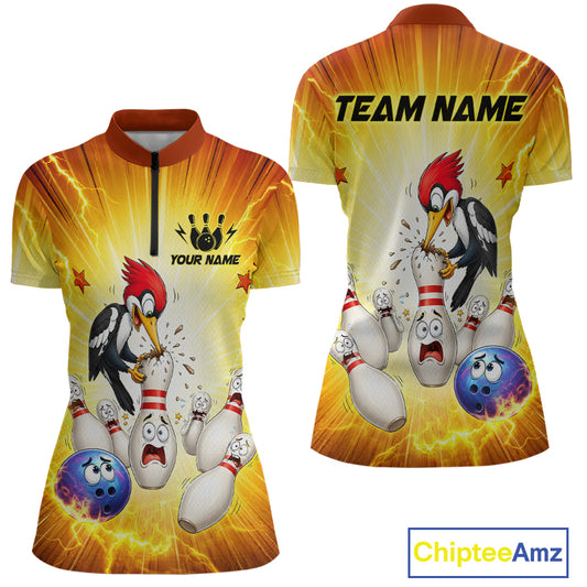 Bowling-themed sports jersey with cartoon characters and 'Team Name' text on a yellow background.