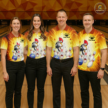 Load image into Gallery viewer, Four people wearing matching bowling-themed shirts in a bowling alley.