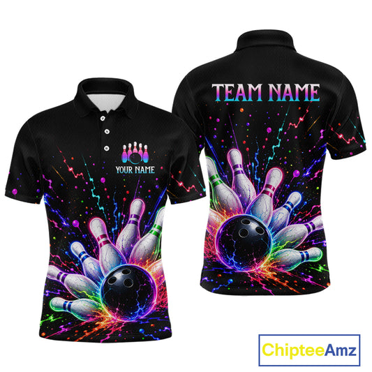 Black polo shirt with colorful bowling design on front and back, featuring 'Team Name' and 'Your Name' text.
