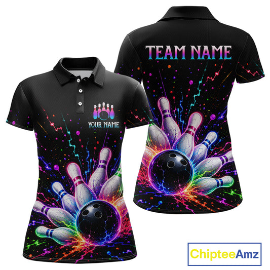 Black polo shirt with colorful bowling design on front and back, customizable text, and Chiptee Amz branding.