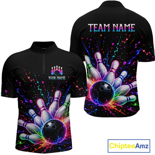Black bowling-themed shirt with colorful design and customizable text on a white background