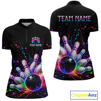 Black bowling-themed shirt with colorful design and customizable text on a white background