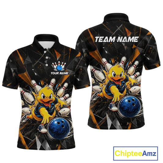 Front and back view custom black duck bowling polo shirt featuring a playful cartoon with bowling ball, bowling pins and orange cracked lightning pattern, personalized with team name and player name