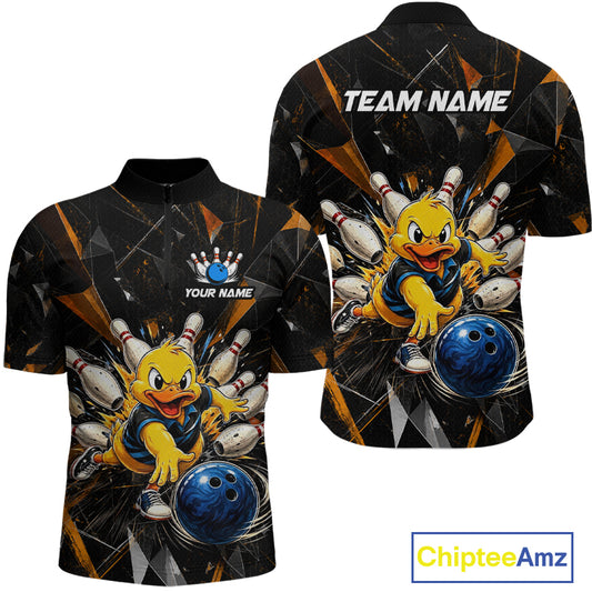 Front and back view custom black duck bowling quarter-zip shirt featuring a playful cartoon with bowling ball, bowling pins and orange cracked lightning design, personalized with team name and player name