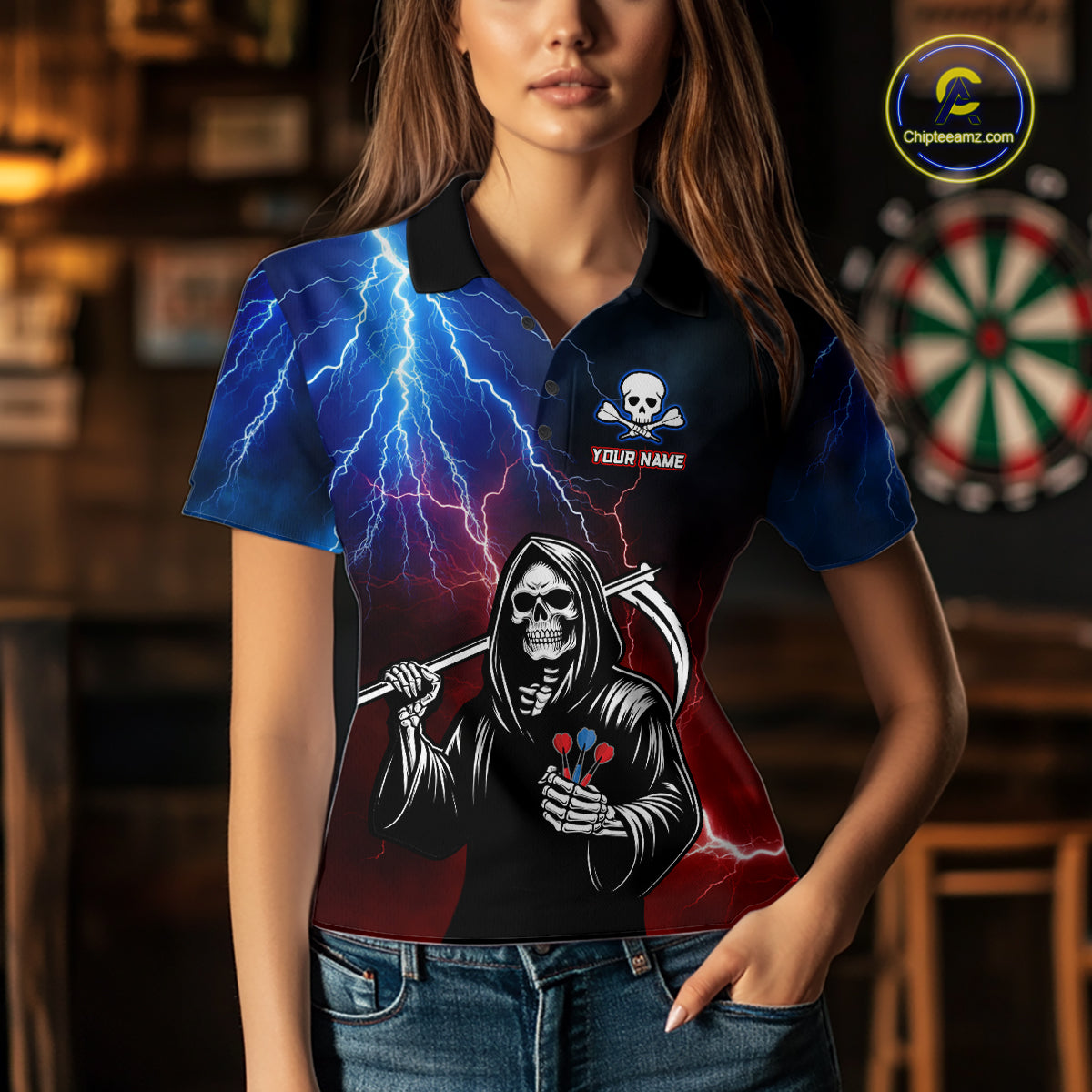 Custom Lightning Thunder Grim Reaper Dart Shirts for Women Polo & Quarter-Zip Dart Jersey DHT27