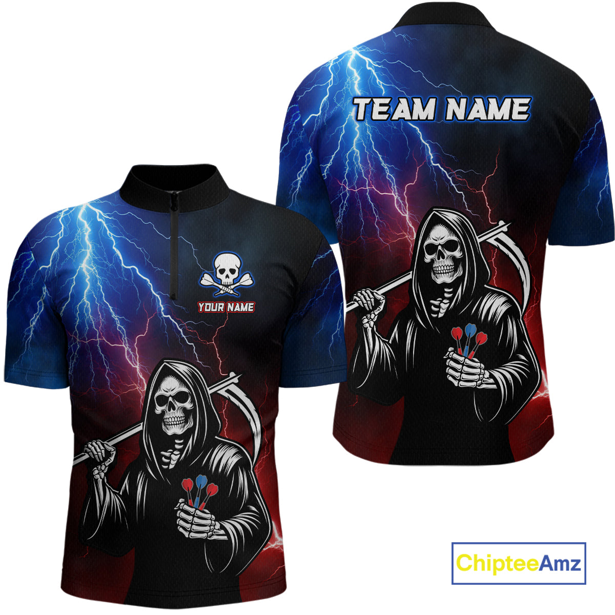 Custom Lightning Thunder Grim Reaper Dart Shirts for Men Polo & Quarter-Zip Dart Jersey DHT27