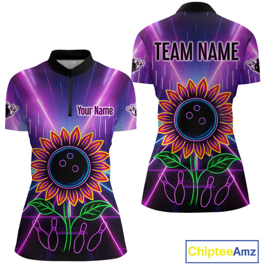 Custom Neon Lightning Sunflower Bowling Shirt Bowling Team Jersey for Women Bowling Polo QZT770