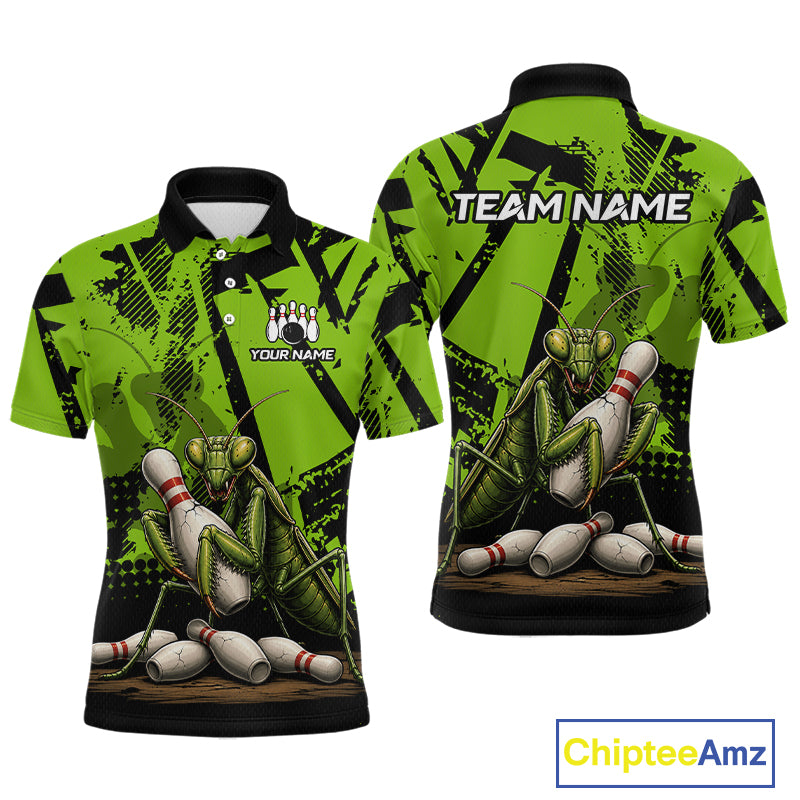 Custom short-sleeve bowling-themed polo shirt shown from both front and back views. The shirt features a bright lime green and black splatter background with a large graphic of a praying mantis holding bowling pins, with customizable text fields reading 'TEAM NAME' and 'YOUR NAME'.