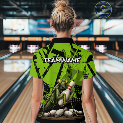 A woman viewed from behind wearing a bright lime green and black bowling-themed short-sleeve polo shirt with a praying mantis graphic and 'TEAM NAME' text, standing in a bowling alley.