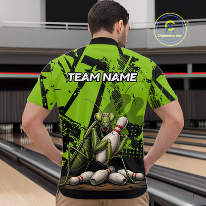 A man viewed from behind wearing a bright green and black bowling-themed short-sleeve shirt with a large praying mantis graphic holding bowling pins and the text 'TEAM NAME' on the back. 