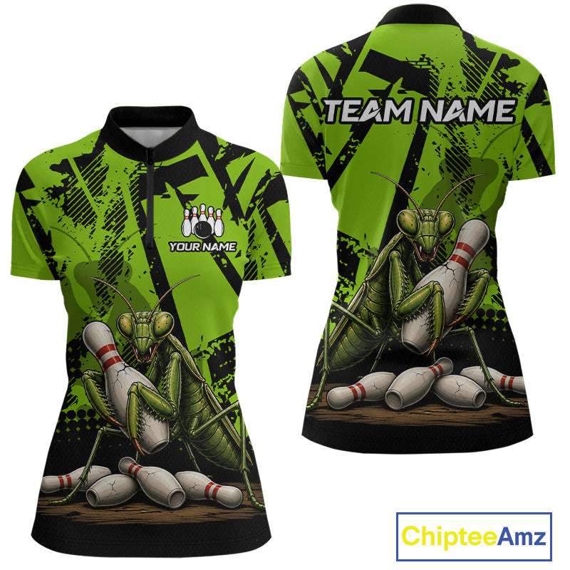 Front and back views of a short-sleeve quarter-zip shirt featuring a green praying mantis holding bowling pins, with black splatter graphics, a black collar, and customizable text areas on the chest and back.