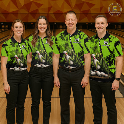 Four people standing in a bowling alley wearing matching green and black bowling-themed short-sleeve shirts with a large graphic of a praying mantis and bowling pins, paired with black pants. 