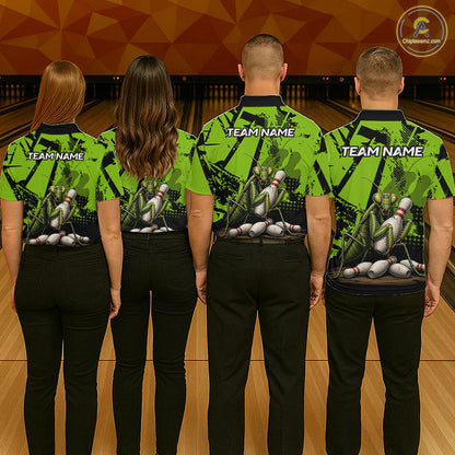 Four people standing with their backs to the camera on a bowling alley, wearing matching bright green and black bowling shirts with a bowling pin graphic and 'TEAM NAME' text on the back.