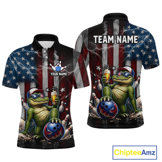 Custom American Flag Funny Beer Bowling Shirt for Men Patriotic Bowling Jersey Polo & 1/4-Zip QZT1023