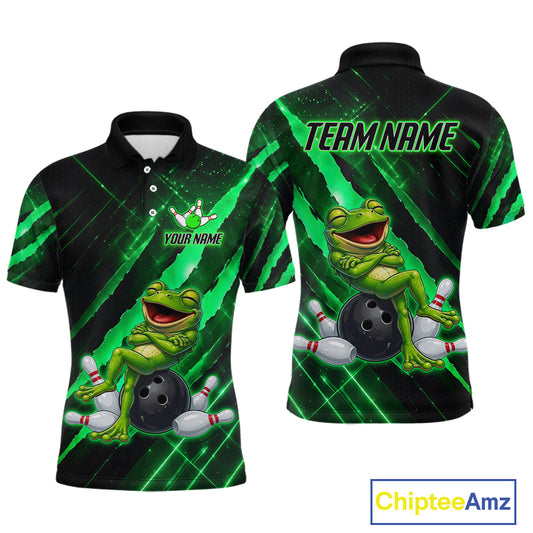 Custom Green Funny Frog Bowling Shirt for Men Bowling Jersey Polo & 1/4 Zip Bowling Outfit QZT1026