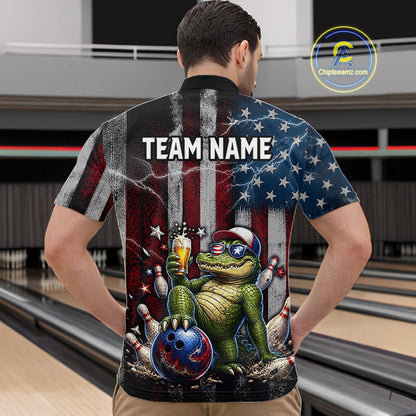 Custom American Flag Funny Beer Bowling Shirt for Men Patriotic Bowling Jersey Polo & 1/4-Zip QZT1023