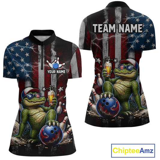 Custom American Flag Funny Beer Bowling Shirt for Women Patriotic Bowling League Jersey QZT1023