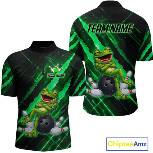 Custom Green Funny Frog Bowling Shirt for Men Bowling Jersey Polo & 1/4 Zip Bowling Outfit QZT1026
