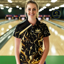 Load image into Gallery viewer, Female model wearing a custom black gold bowling polo shirt front view featuring a glowing bowling ball, lightning energy effect and black gold marble crack pattern at the bowling alley