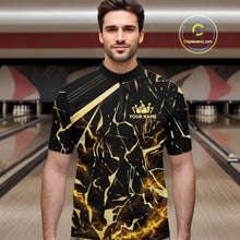 Load image into Gallery viewer, Male model wearing a custom black gold bowling quarter-zip shirt front view featuring a glowing bowling ball, lightning energy effect and black gold marble crack pattern at the bowling alley