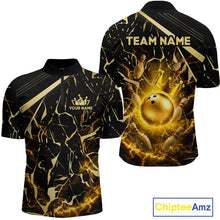 Load image into Gallery viewer, Front and back view custom black gold bowling quarter-zip shirt featuring a glowing bowling ball, lightning energy effect and black gold marble crack design, personalized with team name and player name
