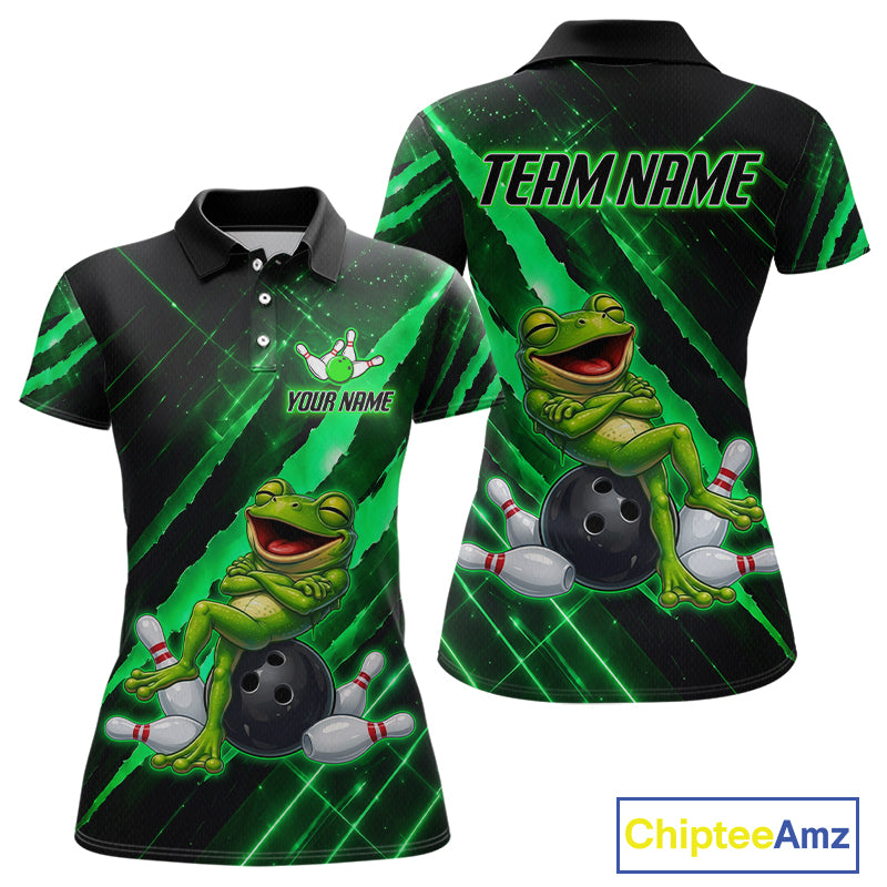 Custom Green Funny Frog Bowling Shirt for Women Bowling Jersey Polo & 1/4 Zip Bowling Outfit QZT1026