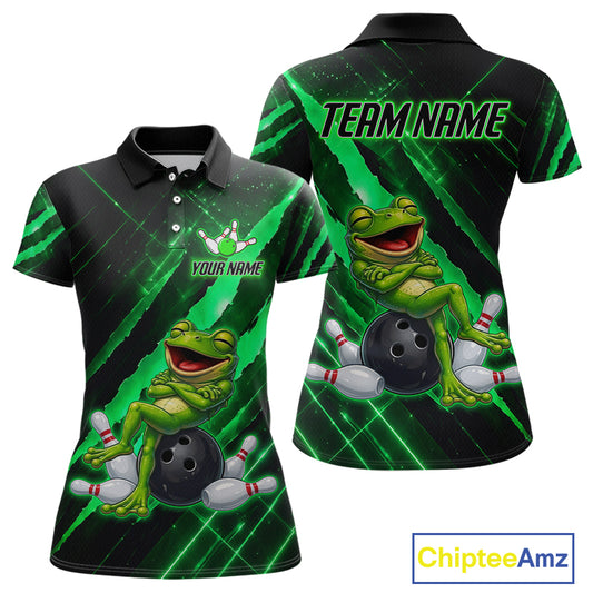 Custom Green Funny Frog Bowling Shirt for Women Bowling Jersey Polo & 1/4 Zip Bowling Outfit QZT1026