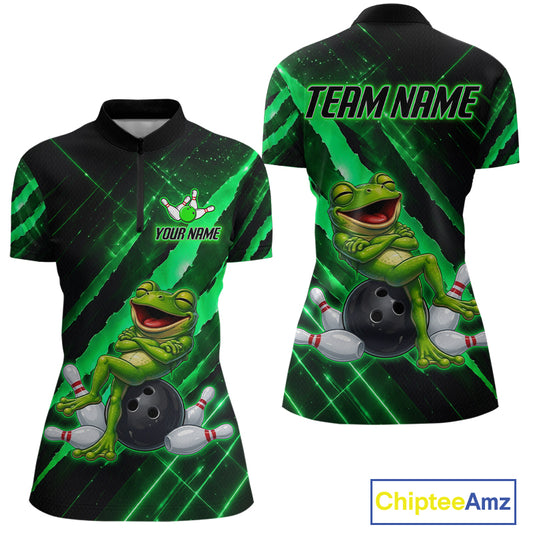 Custom Green Funny Frog Bowling Shirt for Women Bowling Jersey Polo & 1/4 Zip Bowling Outfit QZT1026