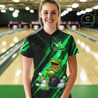 Custom Green Funny Frog Bowling Shirt for Women Bowling Jersey Polo & 1/4 Zip Bowling Outfit QZT1026