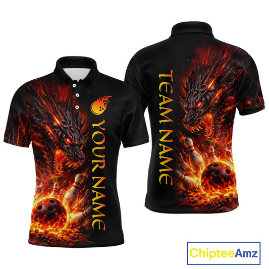 Black polo shirt with fiery dragon design on front and back, customizable text, Chiptee Amz brand visible.