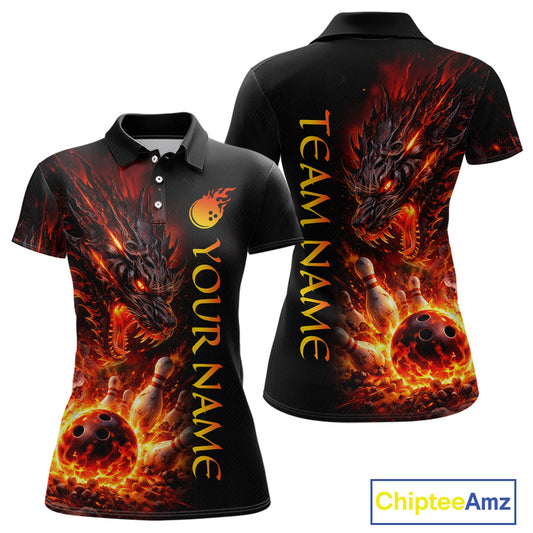 Black polo shirt with fiery dragon design and customizable text on a white background