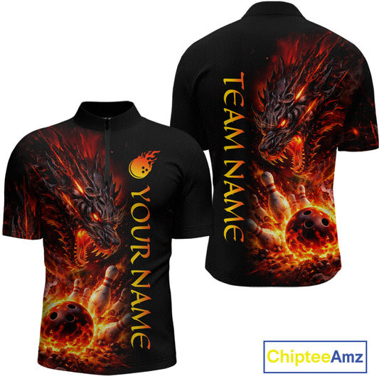 Black bowling shirt with dragon design on front and back, customizable text, and Chiptee Amz branding.